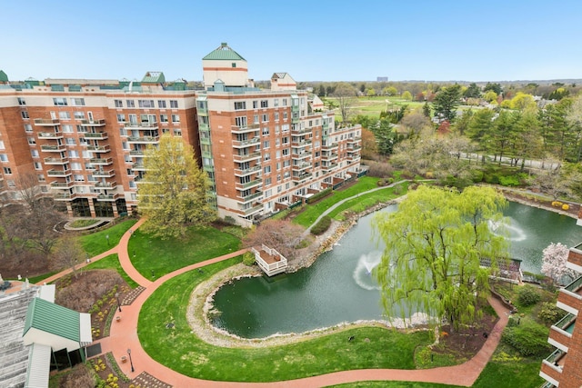 bird's eye view with a water view