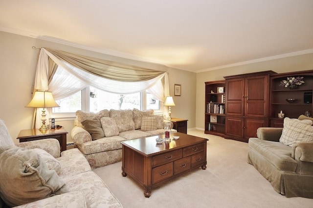 living area with baseboard heating, ornamental molding, and light colored carpet