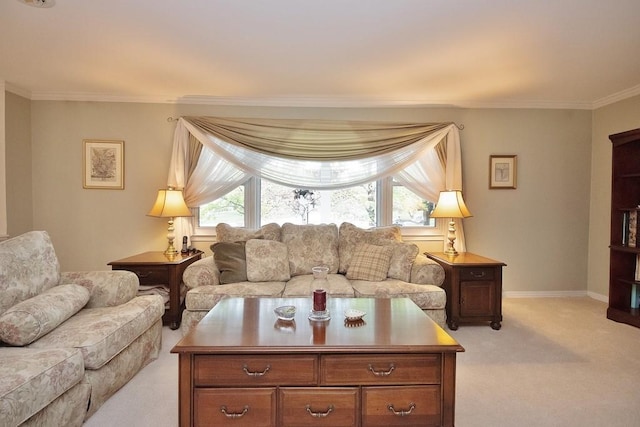 living room featuring crown molding, baseboards, and light carpet