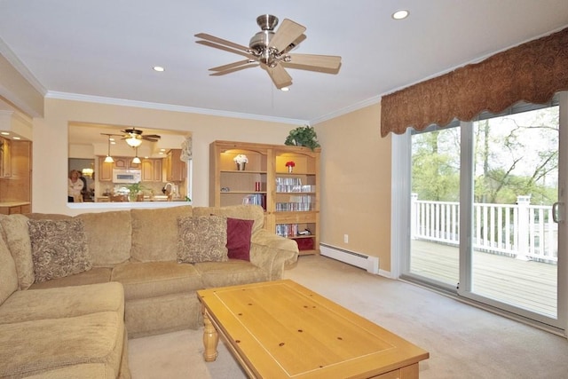 living area with crown molding, a baseboard radiator, a ceiling fan, and light carpet