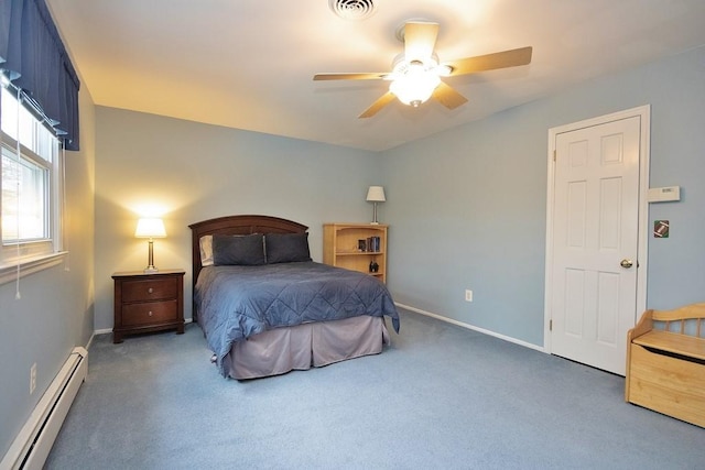 carpeted bedroom with a baseboard radiator, visible vents, a ceiling fan, and baseboards