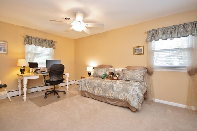 bedroom featuring a baseboard radiator, visible vents, baseboards, carpet, and a ceiling fan