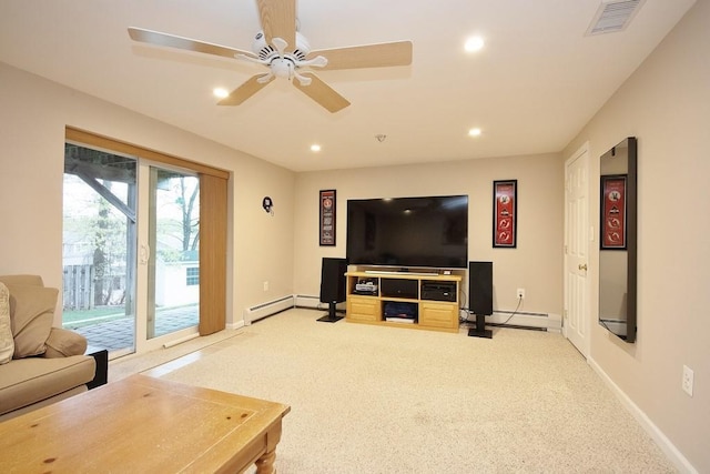 living area featuring recessed lighting, a ceiling fan, visible vents, carpet, and baseboards