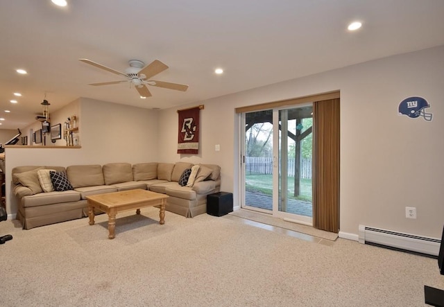 carpeted living area with baseboards, a baseboard radiator, recessed lighting, and ceiling fan