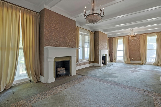 225 River Rd, Nyack, NY 10960 - unfurnished living room featuring a fireplace with flush hearth, a chandelier, wallpapered walls, carpet, and baseboards