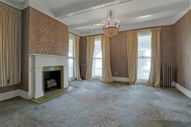 225 River Rd, Nyack, NY 10960 - unfurnished living room with wallpapered walls, radiator, beamed ceiling, carpet flooring, and a chandelier