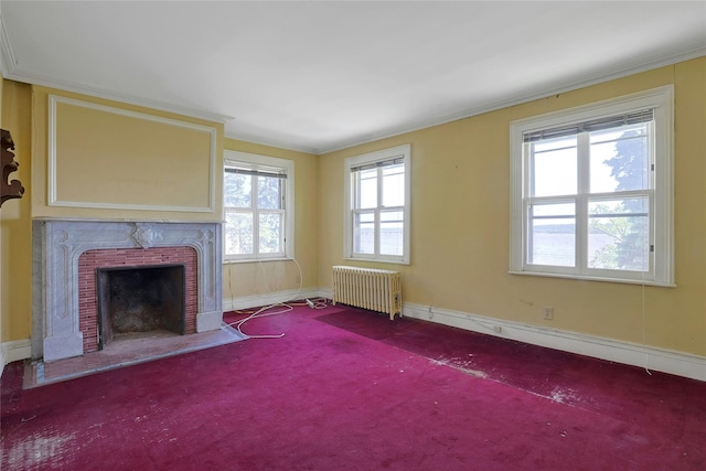 225 River Rd, Nyack, NY 10960 - unfurnished living room featuring radiator heating unit, carpet, a fireplace, baseboards, and ornamental molding