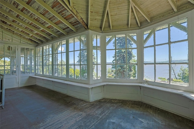 225 River Rd, Nyack, NY 10960 - unfurnished sunroom featuring a water view, vaulted ceiling, and hardwood / wood-style flooring