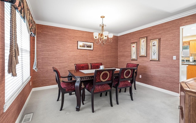 100 Glen Cove Rd, Greenvale, NY 11548 - dining area with baseboards, visible vents, light carpet, and a notable chandelier
