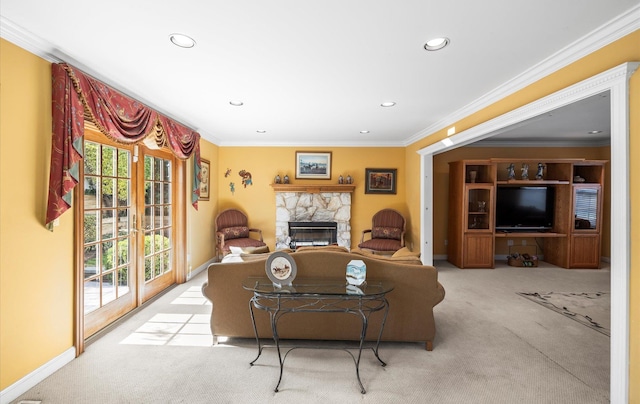 100 Glen Cove Rd, Greenvale, NY 11548 - carpeted living area with crown molding, recessed lighting, baseboards, and a stone fireplace