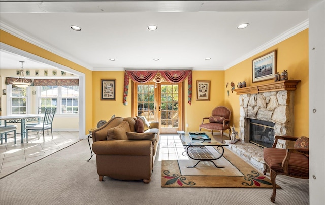 100 Glen Cove Rd, Greenvale, NY 11548 - carpeted living room with a stone fireplace, recessed lighting, crown molding, and a healthy amount of sunlight