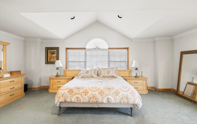 100 Glen Cove Rd, Greenvale, NY 11548 - bedroom with light colored carpet, baseboards, crown molding, and lofted ceiling