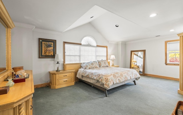 100 Glen Cove Rd, Greenvale, NY 11548 - bedroom with baseboards, crown molding, lofted ceiling, and light carpet