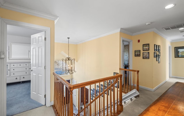 100 Glen Cove Rd, Greenvale, NY 11548 - hall with visible vents, crown molding, baseboards, carpet, and an upstairs landing
