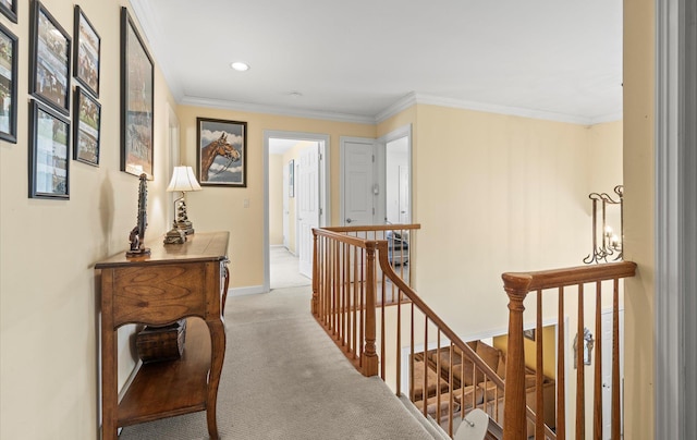 100 Glen Cove Rd, Greenvale, NY 11548 - corridor featuring crown molding, light colored carpet, baseboards, and an upstairs landing
