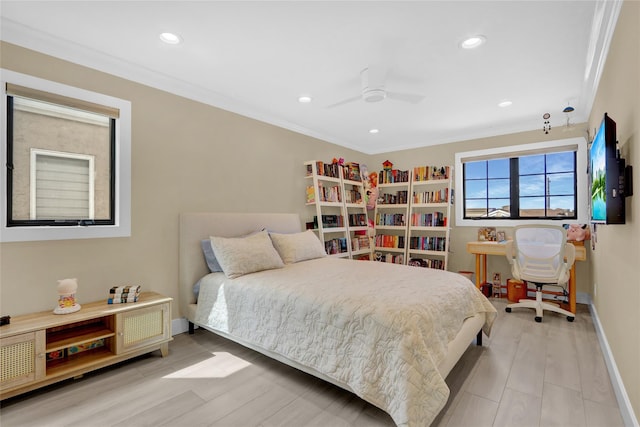923 Oceanfront, Long Beach, NY 11561 - bedroom with a ceiling fan, baseboards, recessed lighting, and crown molding
