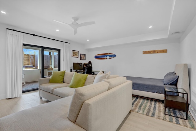 923 Oceanfront, Long Beach, NY 11561 - living room featuring recessed lighting, wood finished floors, visible vents, and a ceiling fan