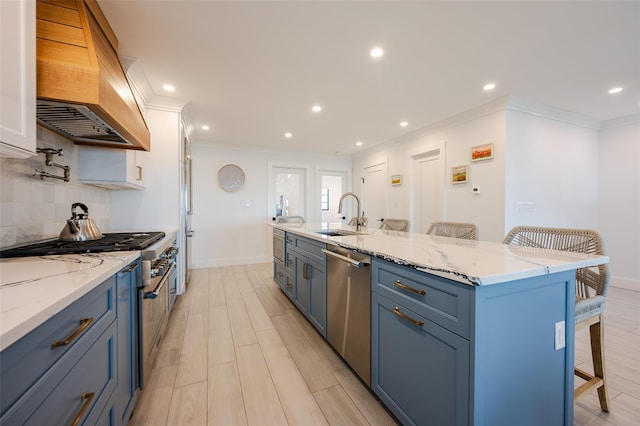 923 Oceanfront, Long Beach, NY 11561 - kitchen featuring custom range hood, appliances with stainless steel finishes, a sink, a kitchen bar, and ornamental molding