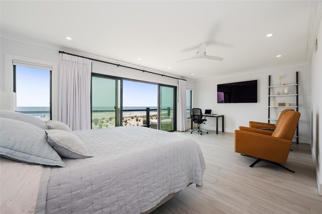 923 Oceanfront, Long Beach, NY 11561 - bedroom with crown molding, recessed lighting, light wood-style flooring, ceiling fan, and access to outside