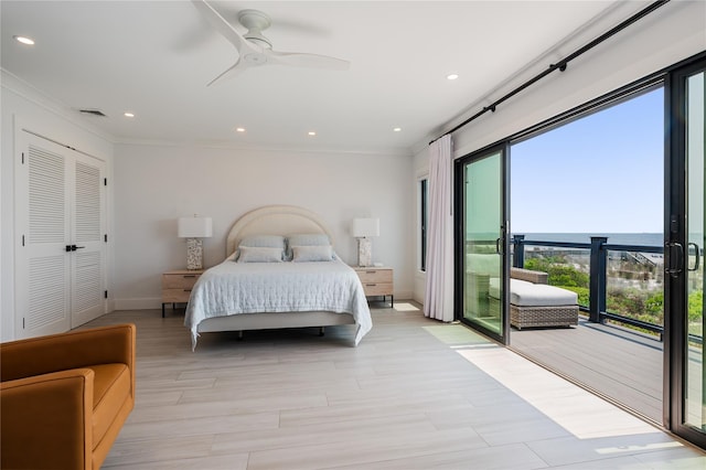 923 Oceanfront, Long Beach, NY 11561 - bedroom with multiple windows, ornamental molding, access to exterior, baseboards, and recessed lighting