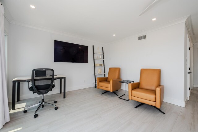 923 Oceanfront, Long Beach, NY 11561 - office with crown molding, light wood-style floors, baseboards, and recessed lighting