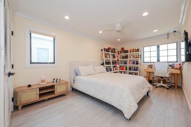 923 Oceanfront, Long Beach, NY 11561 - bedroom with crown molding, recessed lighting, light wood finished floors, and ceiling fan