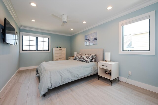923 Oceanfront, Long Beach, NY 11561 - bedroom featuring ornamental molding, recessed lighting, baseboards, light wood-style floors, and a ceiling fan