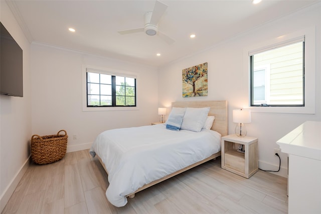 923 Oceanfront, Long Beach, NY 11561 - bedroom with ornamental molding, baseboards, recessed lighting, a ceiling fan, and light wood-type flooring