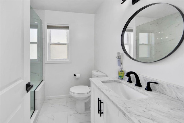 full bathroom with vanity, toilet, marble finish floor, a washtub, and an enclosed shower