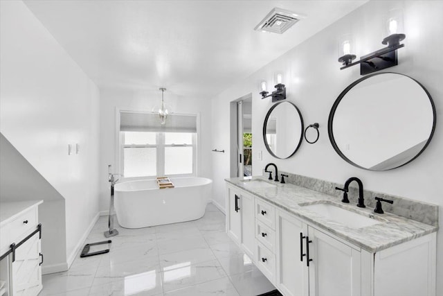full bath featuring baseboards, visible vents, a sink, and marble finish floor