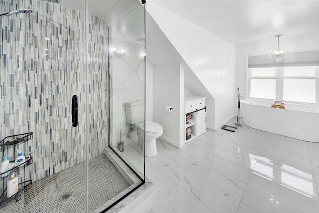 full bath with marble finish floor, toilet, baseboards, a freestanding bath, and a stall shower
