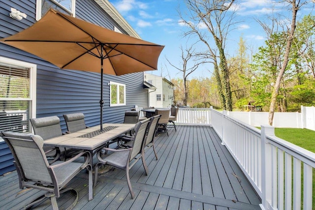 wooden deck featuring fence and outdoor dining area
