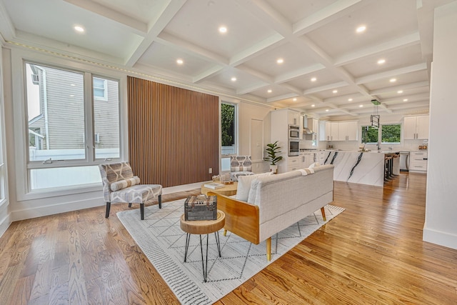 296 Division Ave, Hicksville, NY 11801 - living area with coffered ceiling, light wood finished floors, recessed lighting, beam ceiling, and baseboards