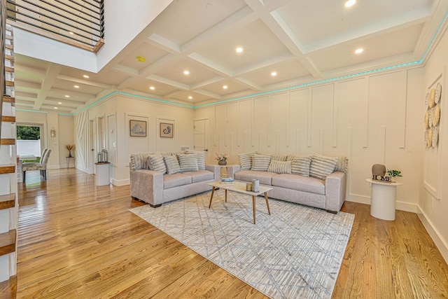 296 Division Ave, Hicksville, NY 11801 - living area with coffered ceiling, light wood-style floors, beam ceiling, recessed lighting, and baseboards