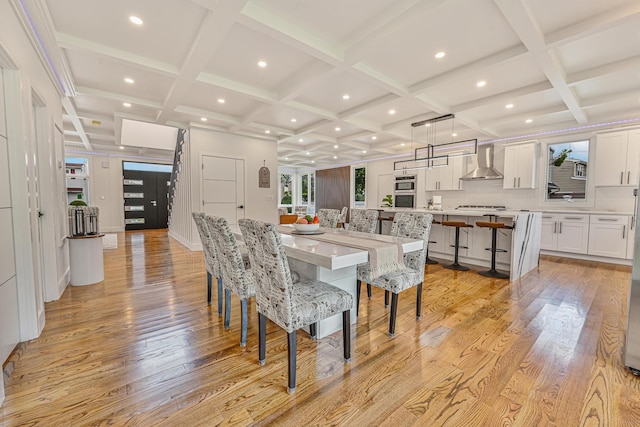 296 Division Ave, Hicksville, NY 11801 - dining area featuring coffered ceiling, light wood-style floors, beamed ceiling, and recessed lighting