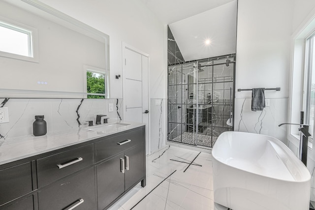 296 Division Ave, Hicksville, NY 11801 - full bath with vanity, a stall shower, plenty of natural light, and marble finish floors