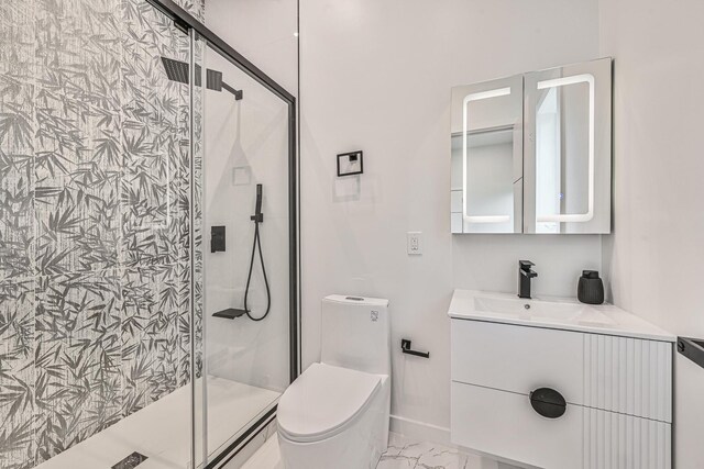 296 Division Ave, Hicksville, NY 11801 - bathroom featuring a stall shower, marble look tile flooring, vanity, toilet, and baseboards