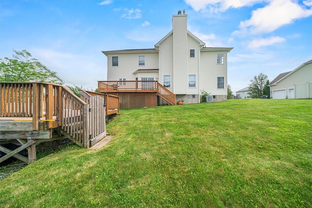 2066 Independence Dr, New Windsor, NY 12553 - rear view of property with a chimney, stairs, a wooden deck, and a lawn