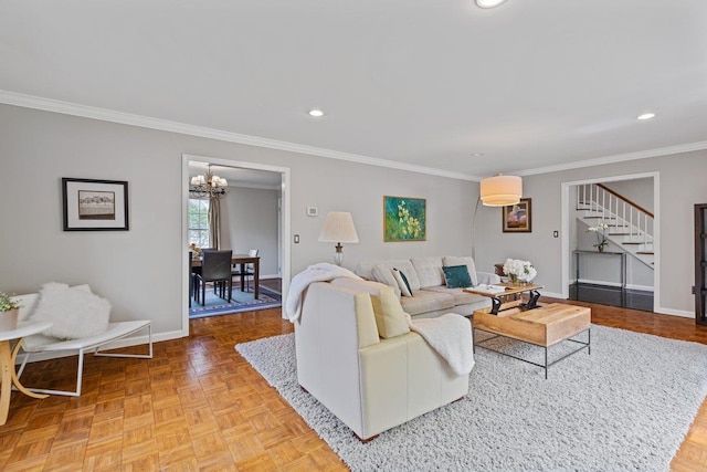 living area featuring crown molding, stairway, baseboards, a notable chandelier, and recessed lighting