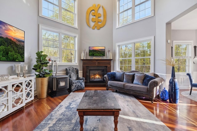 living room featuring plenty of natural light, wood finished floors, and a high ceiling