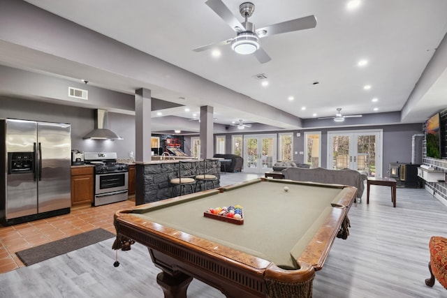 recreation room featuring ceiling fan, visible vents, and billiards