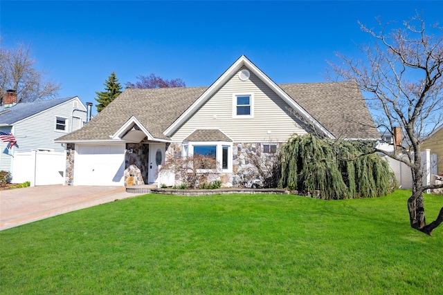 traditional-style house with driveway, stone siding, fence, an attached garage, and a front yard