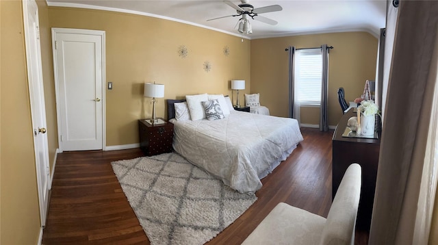 bedroom with a ceiling fan, crown molding, arched walkways, baseboards, and dark wood-style flooring