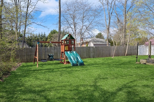 24 Linda Ln, East Moriches, NY 11940 - view of jungle gym featuring a fenced backyard and a yard