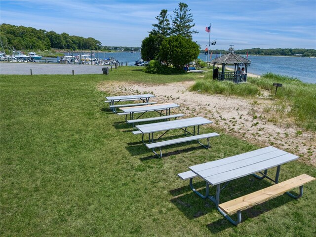 24 Linda Ln, East Moriches, NY 11940 - view of community with a lawn, a gazebo, and a water view