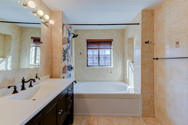 67-54 Groton St, Forest Hills, NY 11375 - full bath featuring tile patterned flooring, vanity, shower / tub combo with curtain, and tile walls