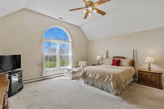 bedroom with visible vents, a baseboard radiator, vaulted ceiling, and carpet flooring