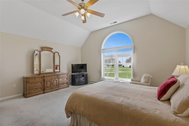 carpeted bedroom with visible vents, ceiling fan, vaulted ceiling, and baseboard heating