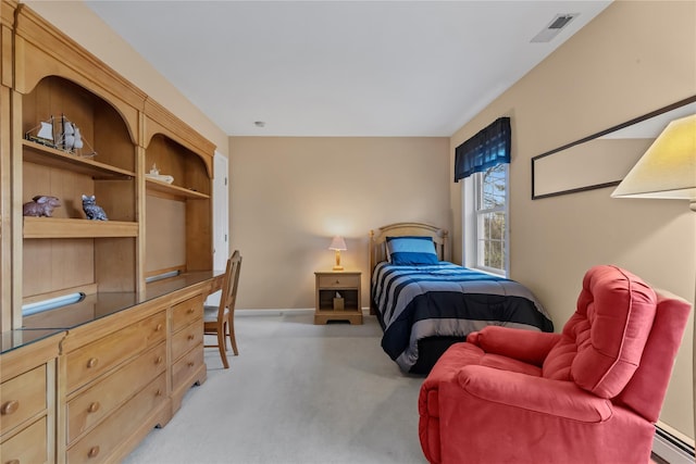 bedroom featuring baseboards, a baseboard radiator, carpet, and visible vents