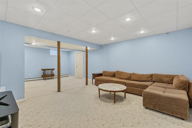 carpeted living room featuring recessed lighting, a baseboard radiator, baseboards, and a paneled ceiling